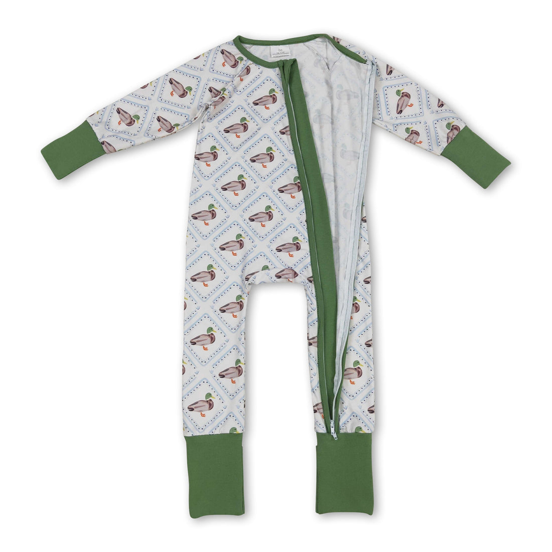 Green long sleeves duck baby kids zipper romper
