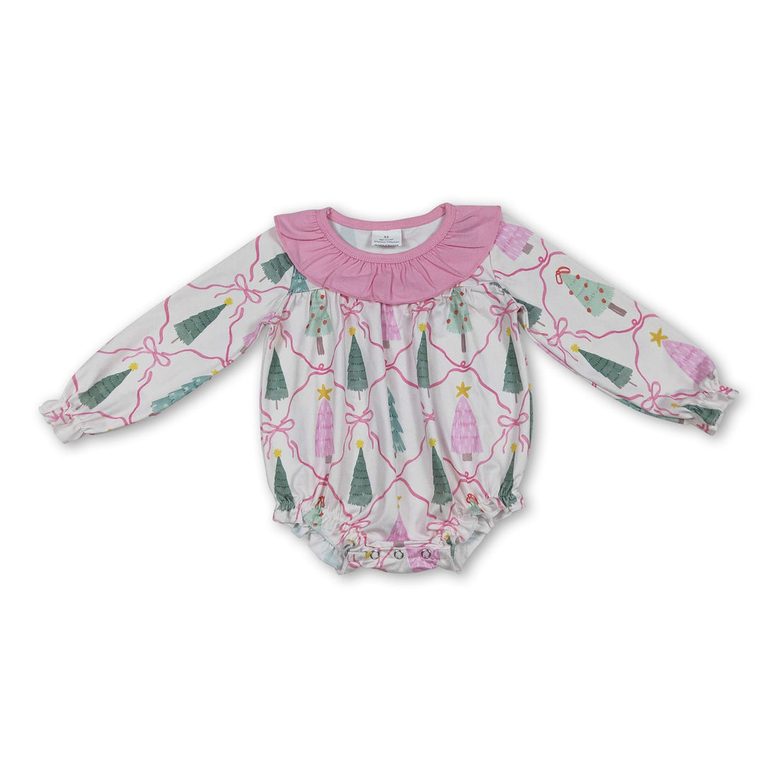 Long sleeves pink bow Christmas tree baby girl zipper romper