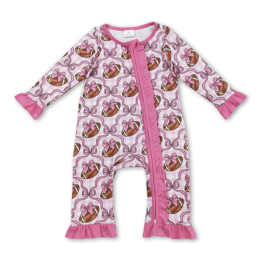 Pink ruffle long sleeves football bow baby girls zipper romper