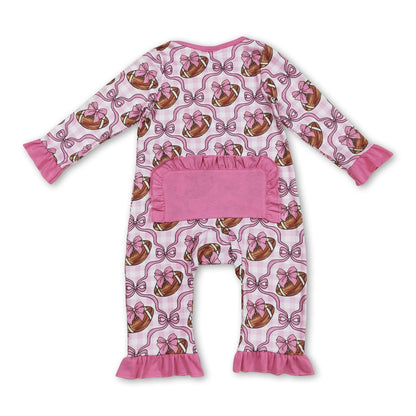 Pink ruffle long sleeves football bow baby girls zipper romper