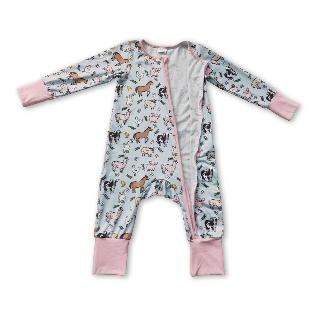 Pink pig, chicken, and cow farm-themed baby girl zipper romper by Mini Rodeo featuring adorable animal prints.