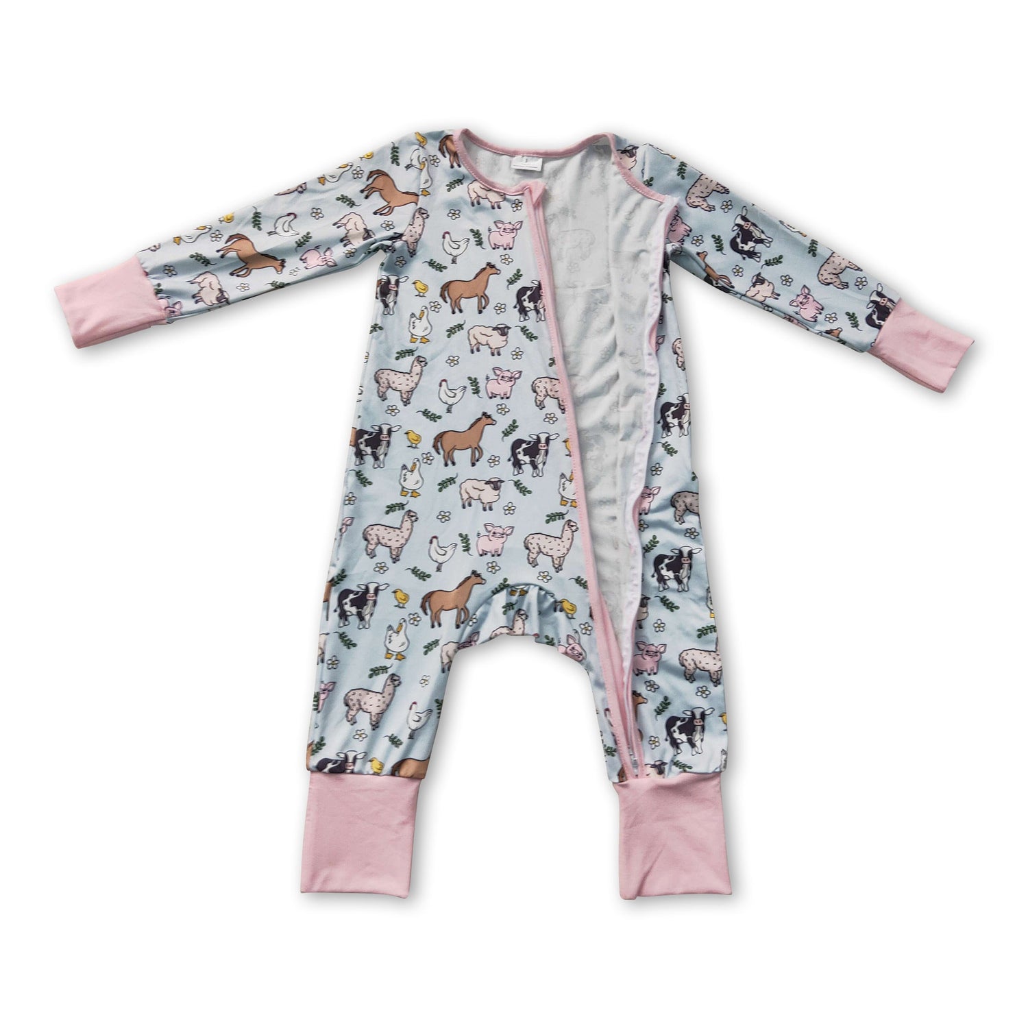 Pink pig chicken cow farm baby girls zipper romper