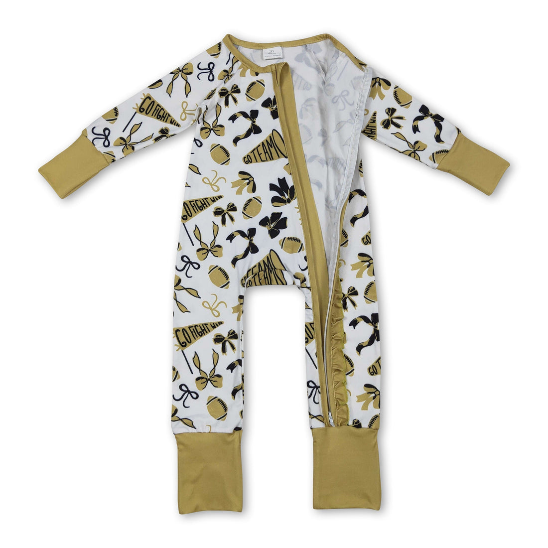 Long sleeves bow ruffle football baby girls team zipper romper