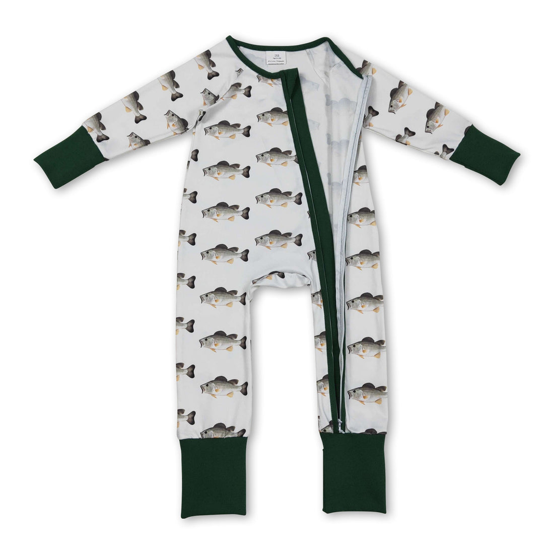 Baby boy zipper romper with long sleeves, fish pattern, by Mini Rodeo, featuring a cozy boy sleeper design.