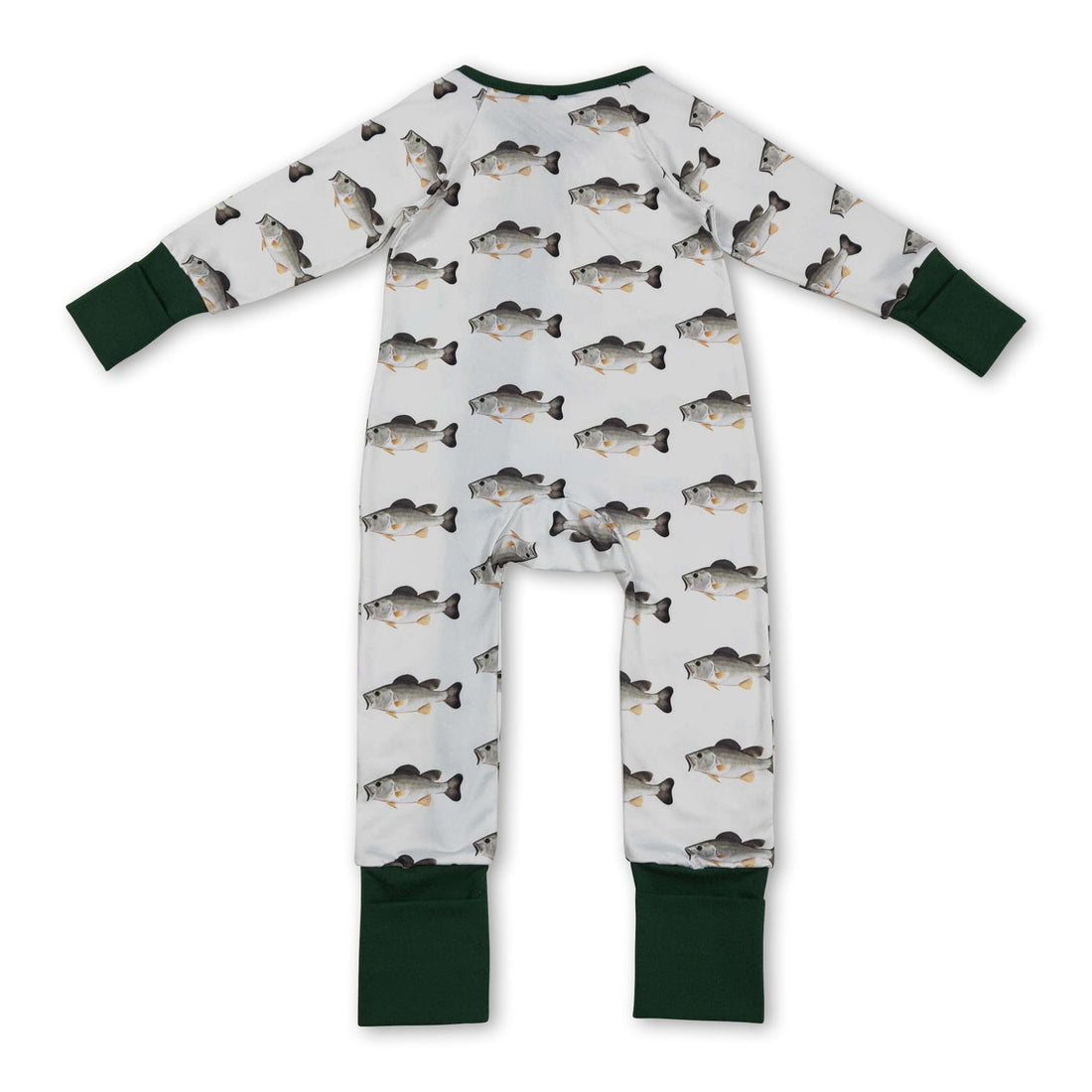 Mini Rodeo long-sleeve fish print baby boy zipper romper, cozy sleeper with front zipper and playful fish design.