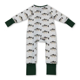 Mini Rodeo long-sleeve fish print baby boy zipper romper, cozy sleeper with front zipper and playful fish design.