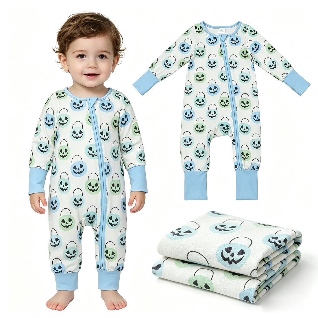 Light blue pumpkin basket baby boy Halloween zipper romper by Mini Rodeo, featuring a cozy boy sleeper with pumpkin and basket design.