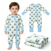 Light blue pumpkin basket baby boy Halloween zipper romper by Mini Rodeo, featuring a cozy boy sleeper with pumpkin and basket design.