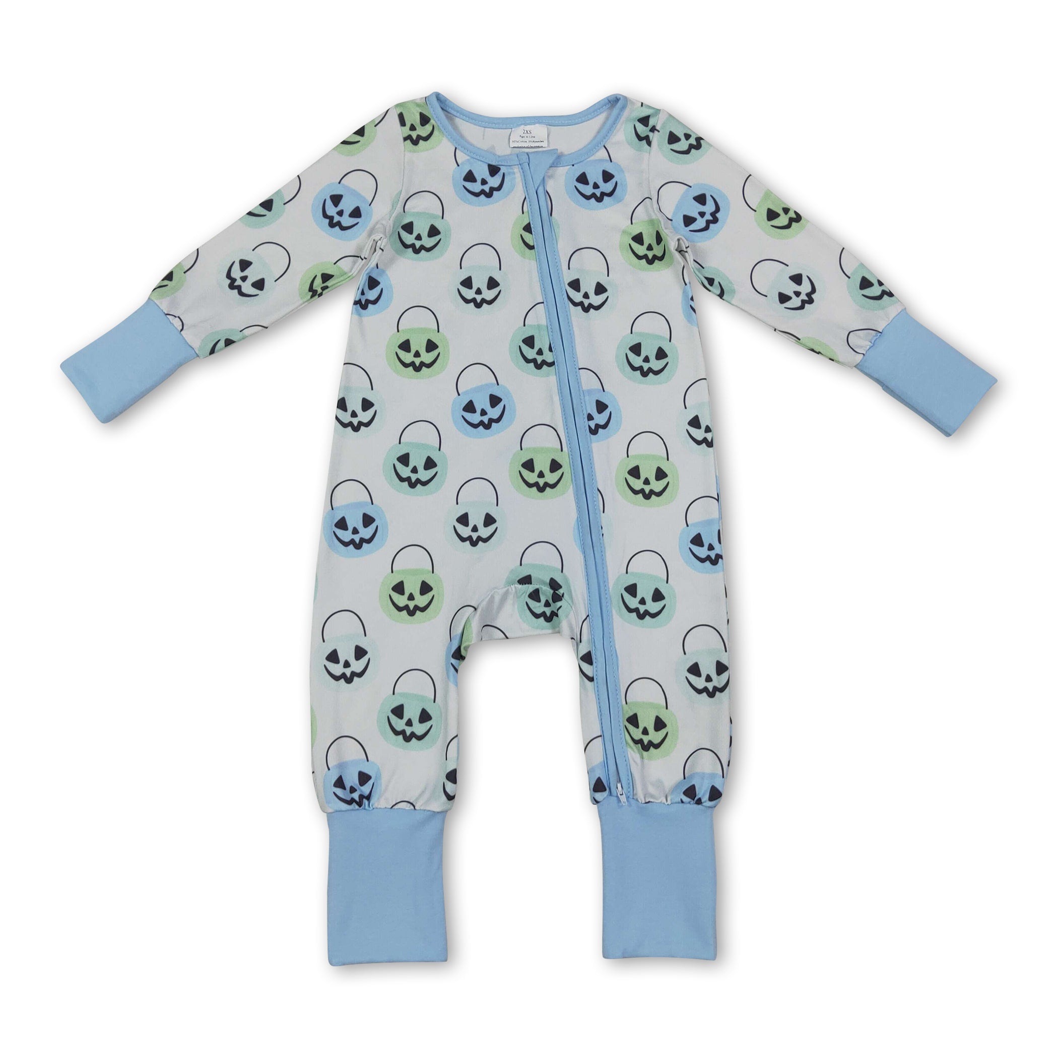 Light blue pumpkin basket baby boy Halloween zipper romper