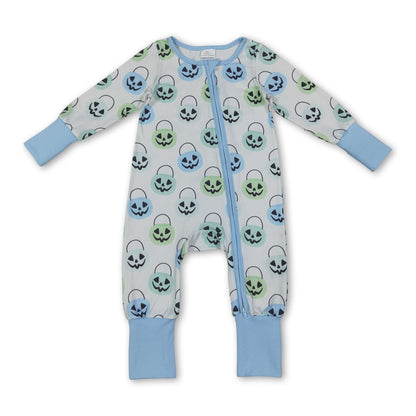 Light blue pumpkin basket baby boy Halloween zipper romper