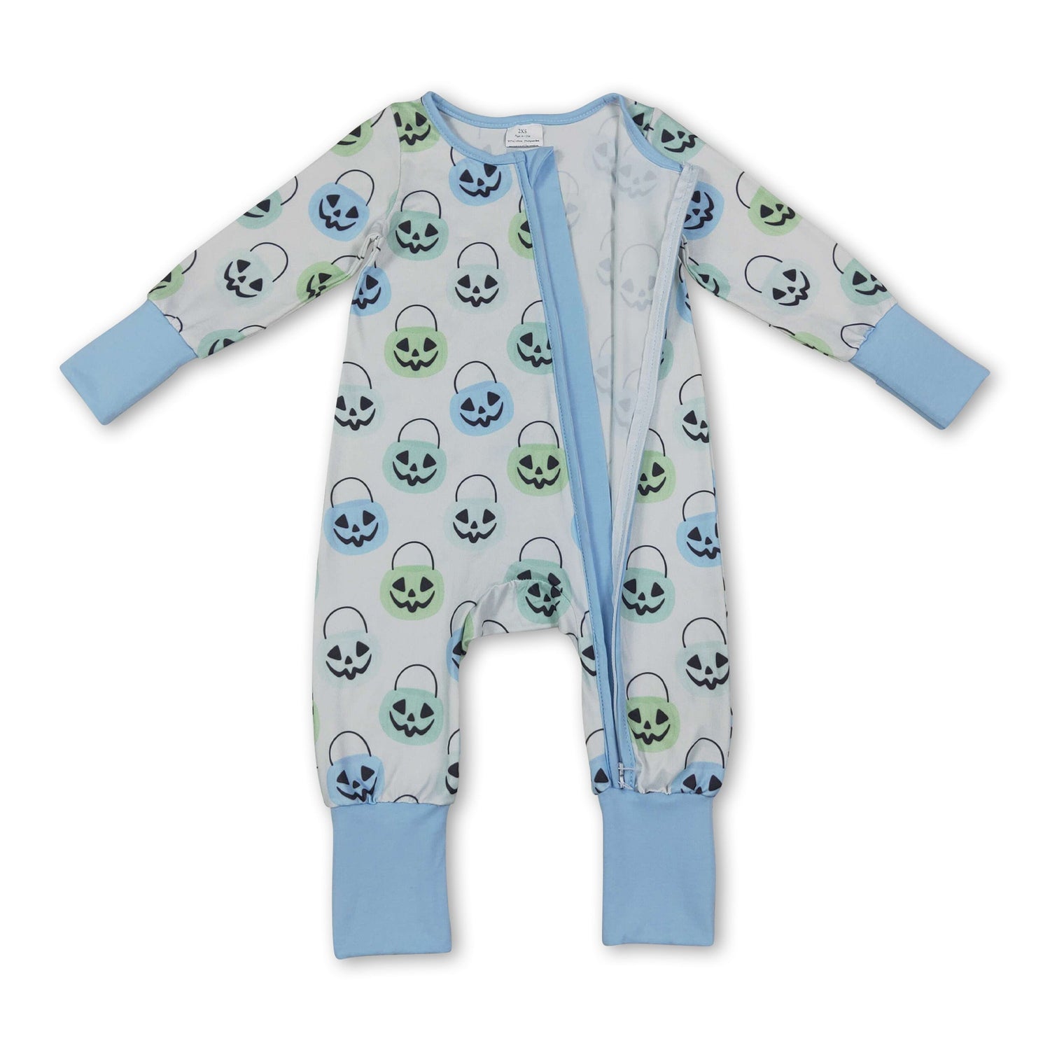 Light blue pumpkin basket baby boy Halloween zipper romper