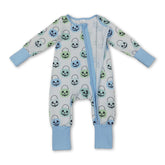 Light blue pumpkin basket baby boy Halloween zipper romper by Mini Rodeo, featuring a cute pumpkin basket design and cozy sleeper fit.