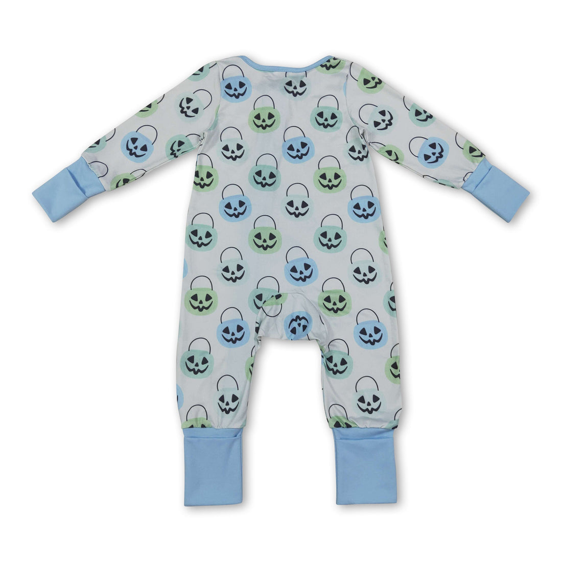 Light blue pumpkin basket baby boy Halloween zipper romper by Mini Rodeo, featuring a cute pumpkin basket design and cozy sleeper fit.
