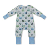 Light blue pumpkin basket baby boy Halloween zipper romper by Mini Rodeo, featuring a cute pumpkin basket design and cozy sleeper fit.