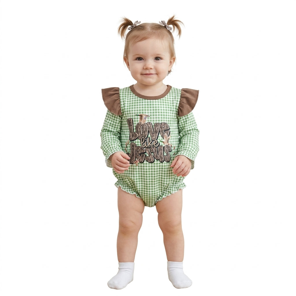 Green plaid love like jesus duck baby girls romoper