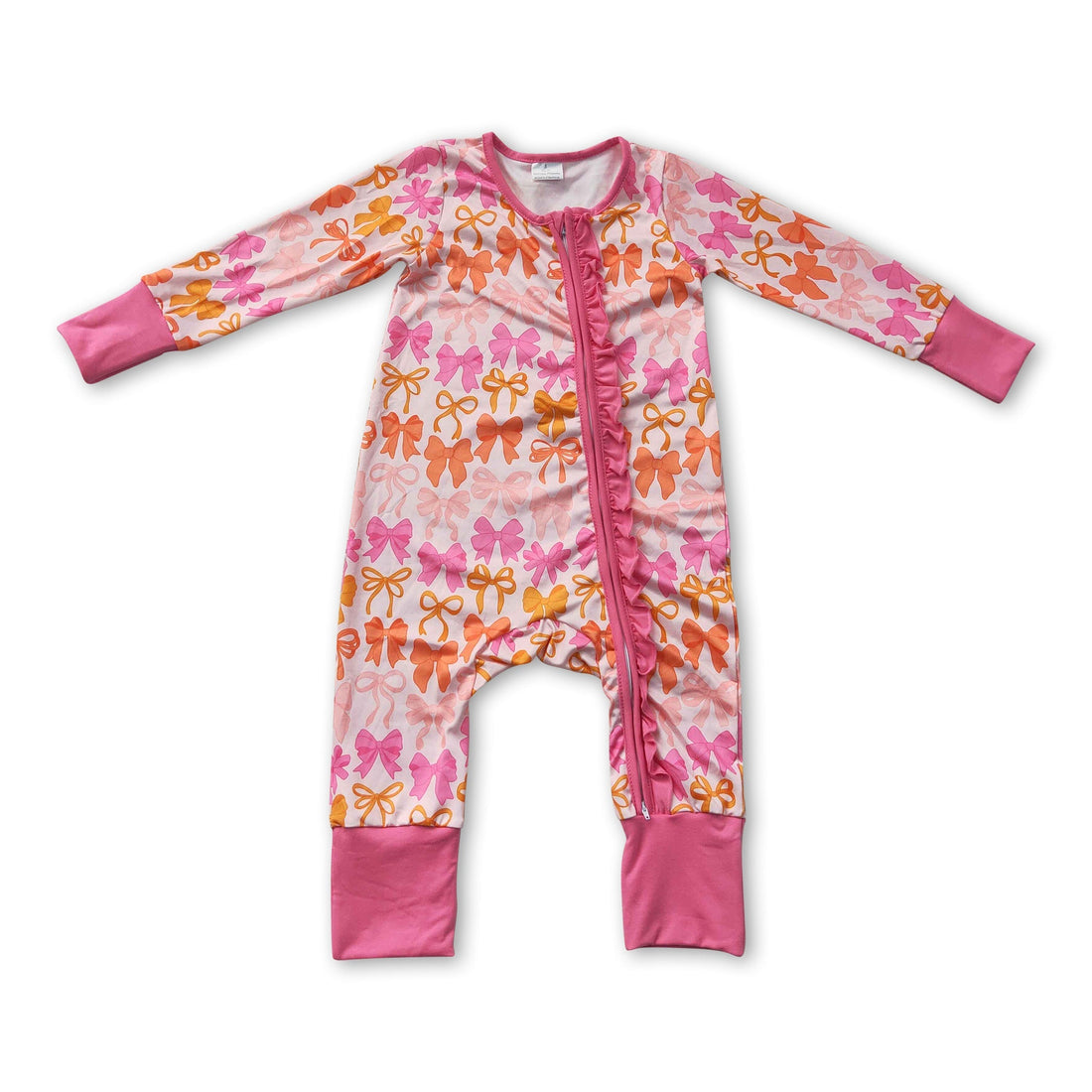 Pink ruffle bows baby girl zipper romper with long sleeves, designed by Mini Rodeo, featuring adorable ruffle details and comfortable fit.