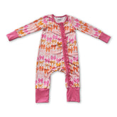 Pink ruffle bows baby girl zipper romper with long sleeves, designed by Mini Rodeo, featuring adorable ruffle details and comfortable fit.