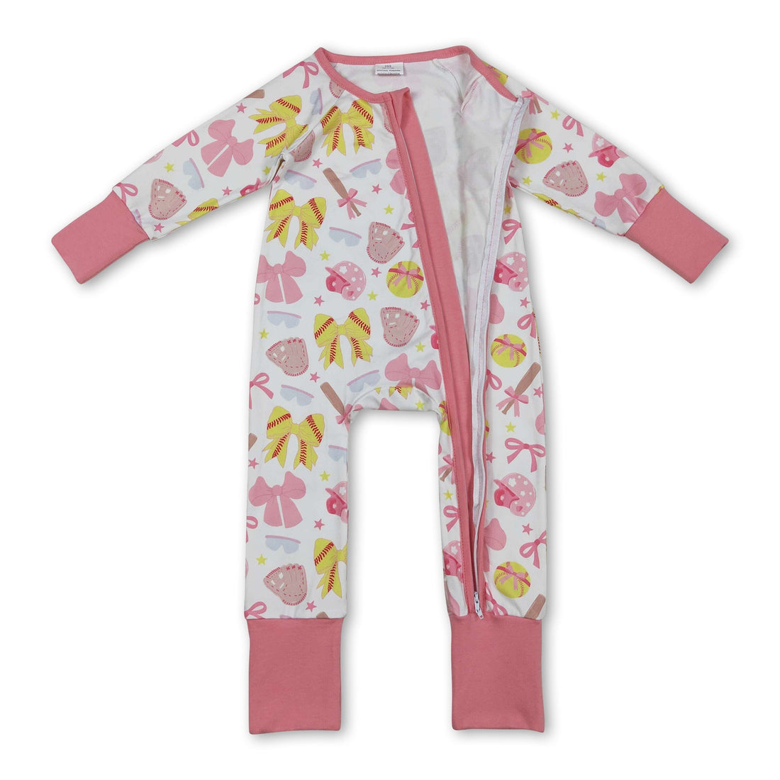 Long sleeves pink bow softball baby girls zipper romper