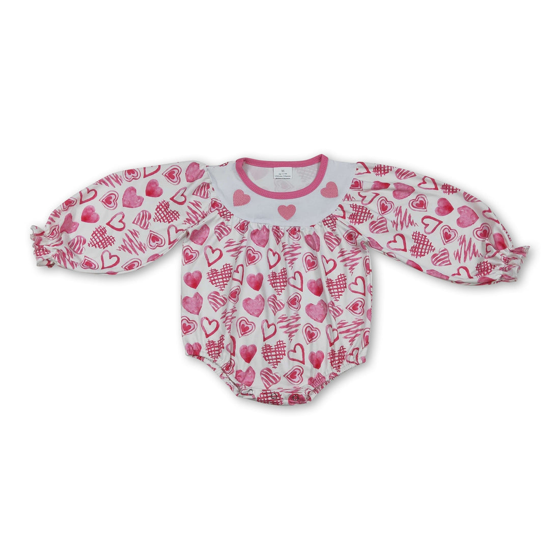 Mini Rodeo long sleeves heart baby girls Valentine’s Day romper, adorable girl bubbles jumpsuit with cute heart print.