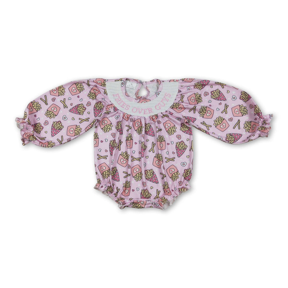 Mini Rodeo girl’s long sleeve heart fries smocked Valentine’s romper with bubble style, perfect for baby girls.