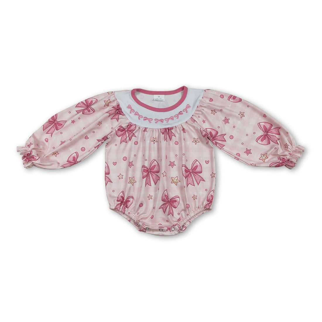Pink long sleeve heart bow baby girl romper by Mini Rodeo, featuring a cute Valentine&