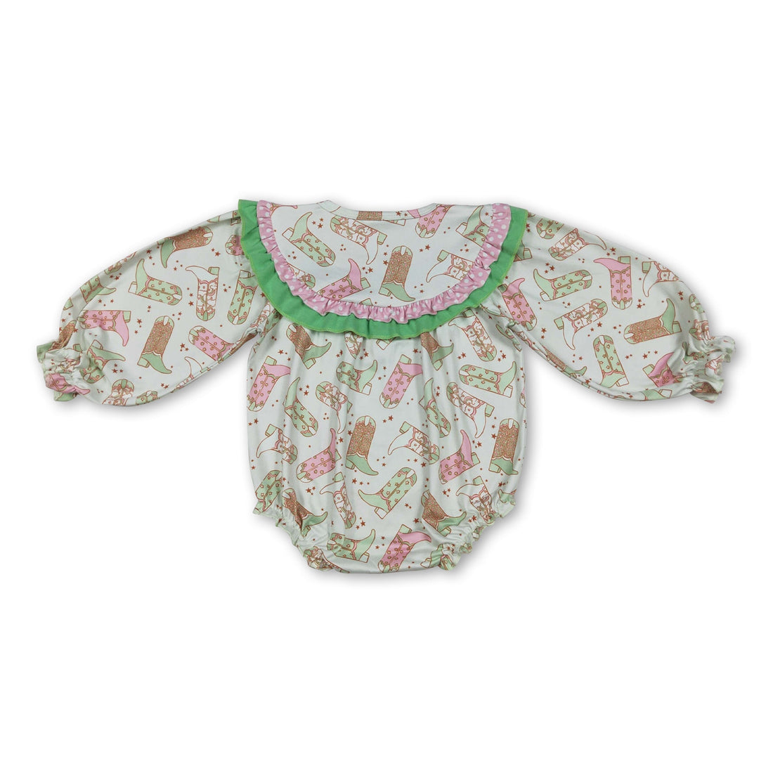 Mini Rodeo girl bubbles romper featuring Howdy go lucky boots western St. Patrick&