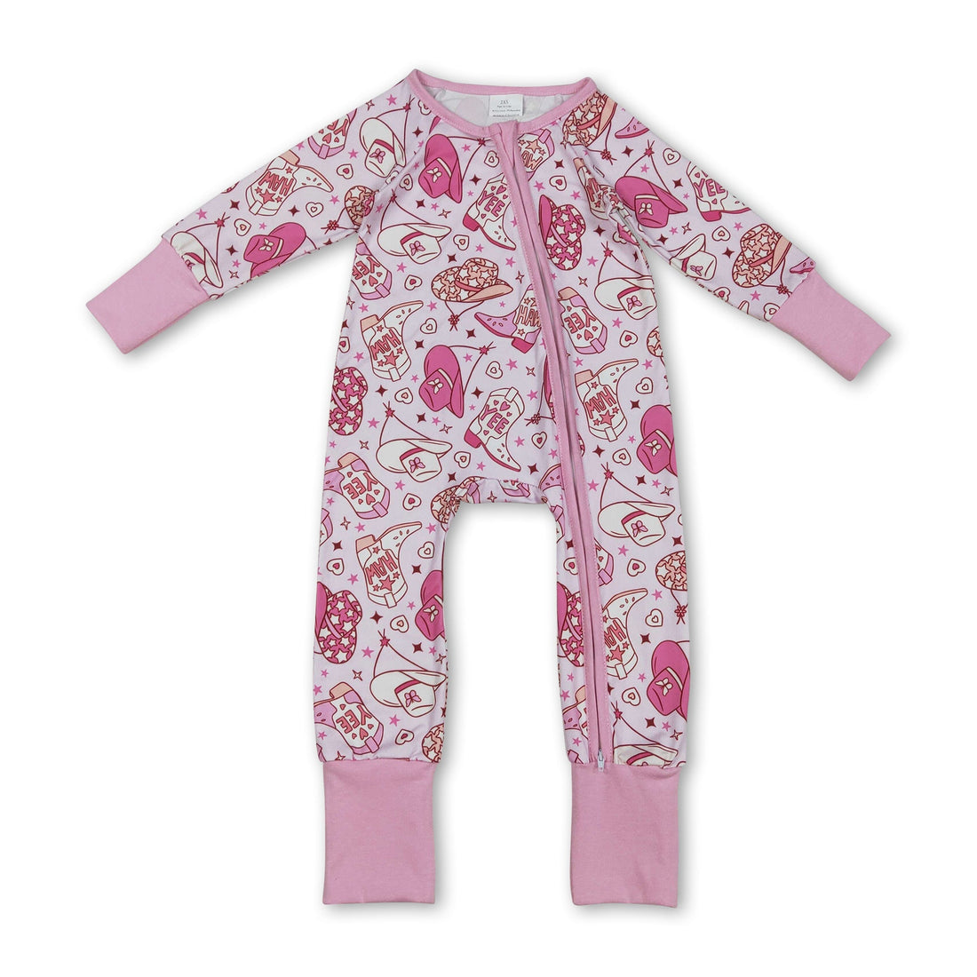 Pink heart-themed cowboy boots and hat set for girls, featuring zipper romper by Mini Rodeo, perfect for Valentine&