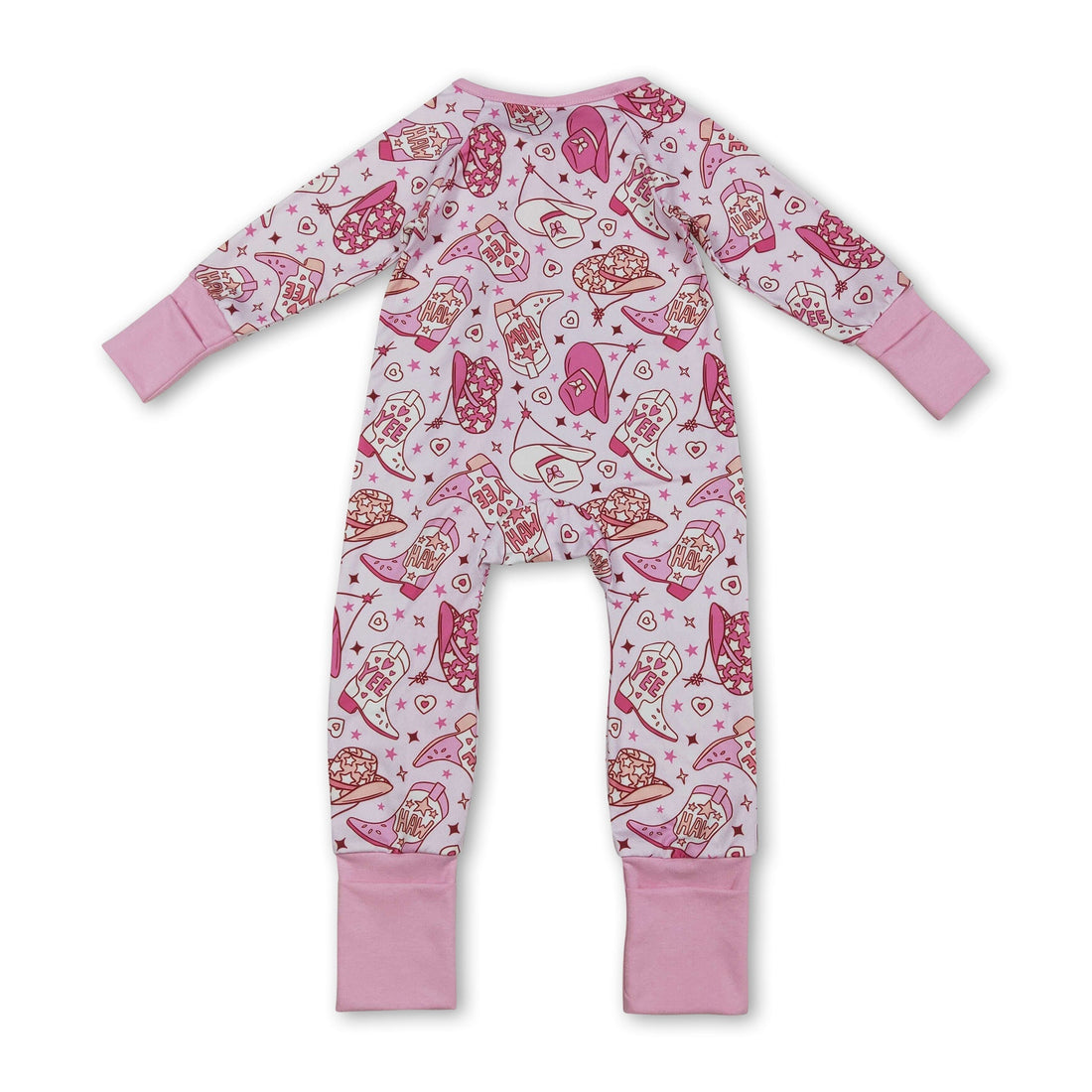 Pink heart-themed Western girl sleeper romper with zipper, featuring a matching boots hat from Mini Rodeo, perfect for Valentine&