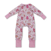 Pink heart-themed Western girl sleeper romper with zipper, featuring a matching boots hat from Mini Rodeo, perfect for Valentine&