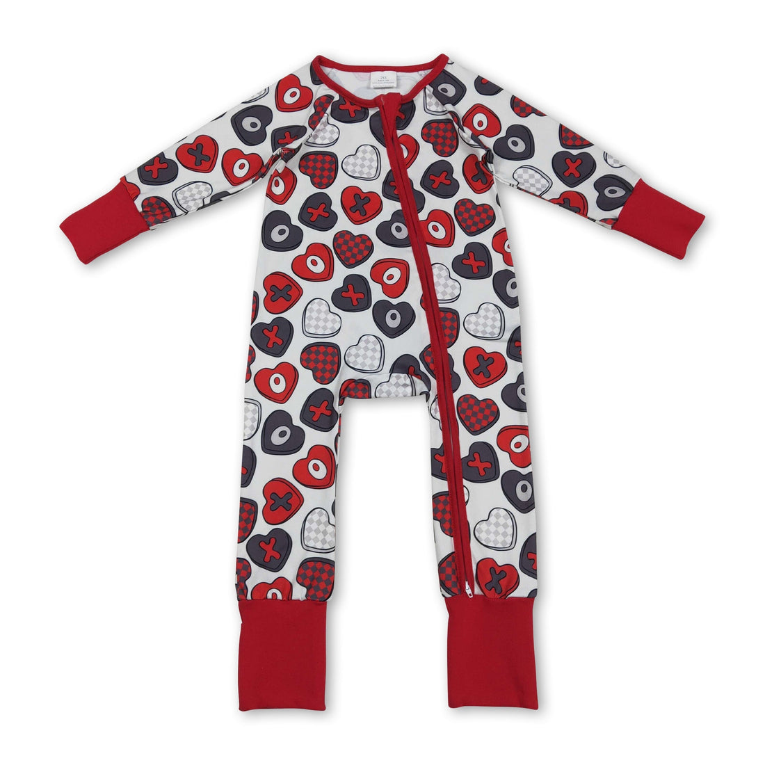 Red heart print long sleeve baby girl sleeper romper by Mini Rodeo featuring a zipper closure for Valentine&