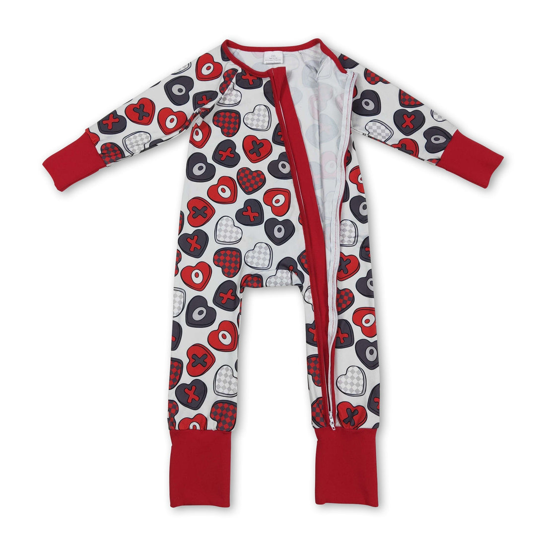 Red heart-themed long sleeve baby girl romper by Mini Rodeo featuring a zipper closure, perfect for Valentine&