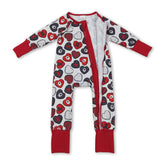 Red heart-themed long sleeve baby girl romper by Mini Rodeo featuring a zipper closure, perfect for Valentine&