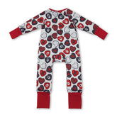 Red heart-themed long sleeve baby girl romper with zipper closure, designed by Mini Rodeo for Valentine&