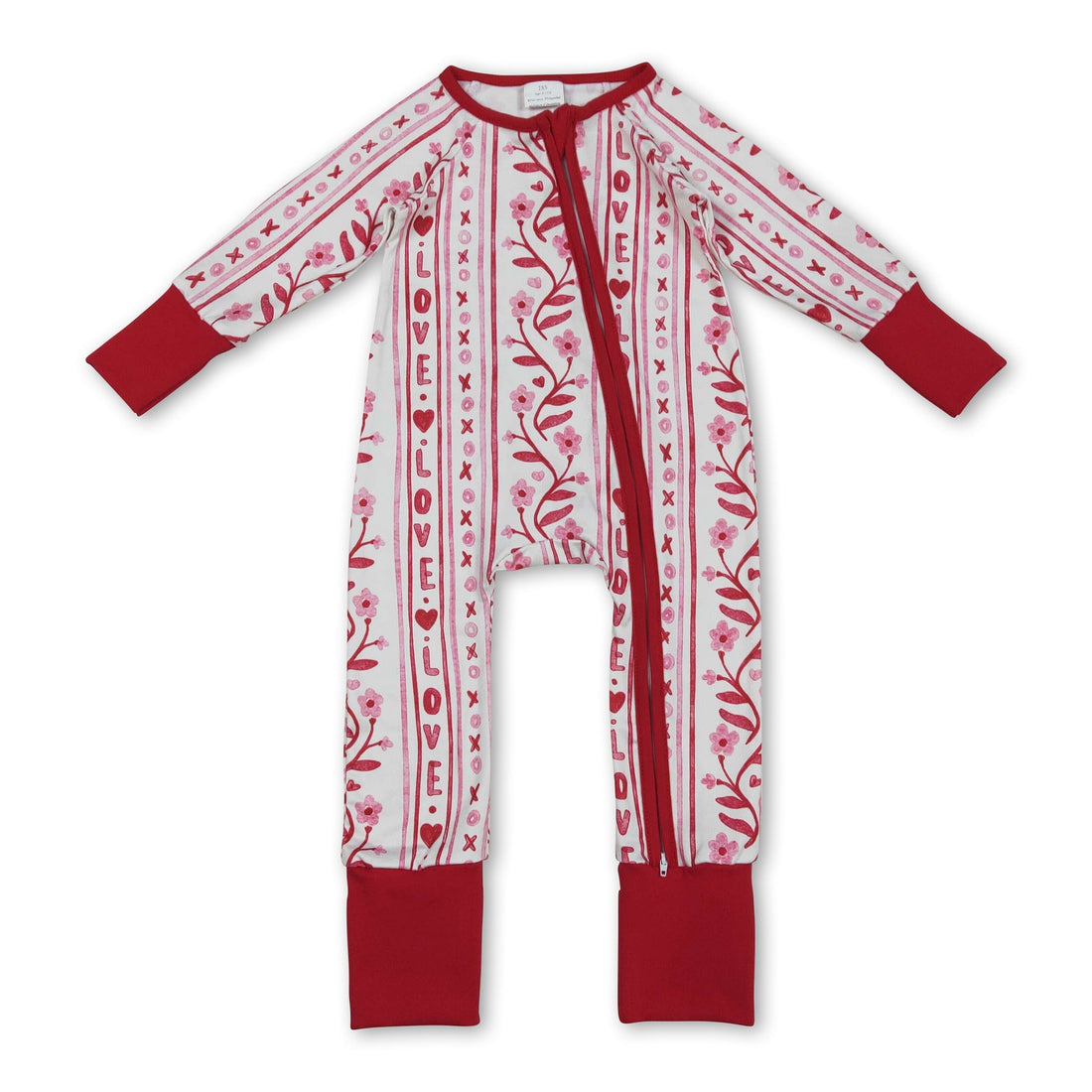 Red heart love floral baby girl zipper romper by Mini Rodeo, featuring a sweet Valentine&