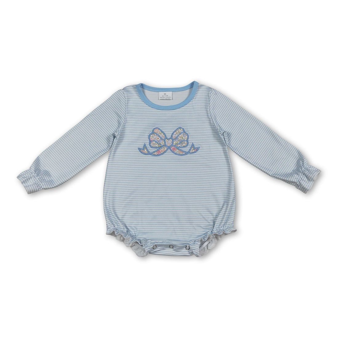 Mini Rodeo girl bubbles romper with long sleeves, floral bow embroidery, and stripe pattern for baby girl fashion.