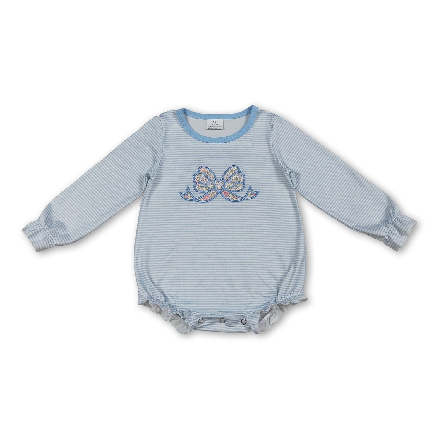 Long sleeves floral bow embroidery stripe baby girl romper