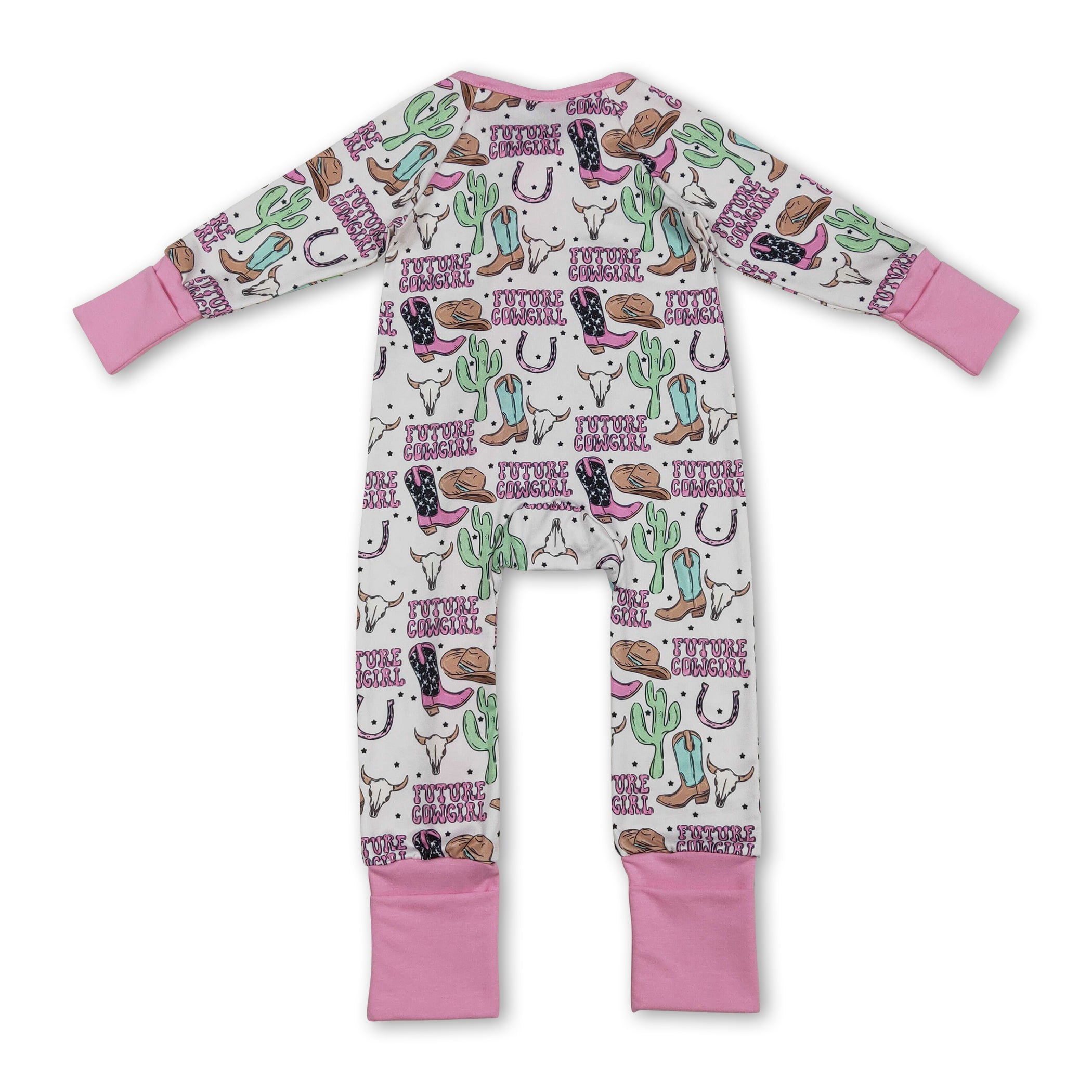 Long sleeves boots bull skull western baby girl zipper romper