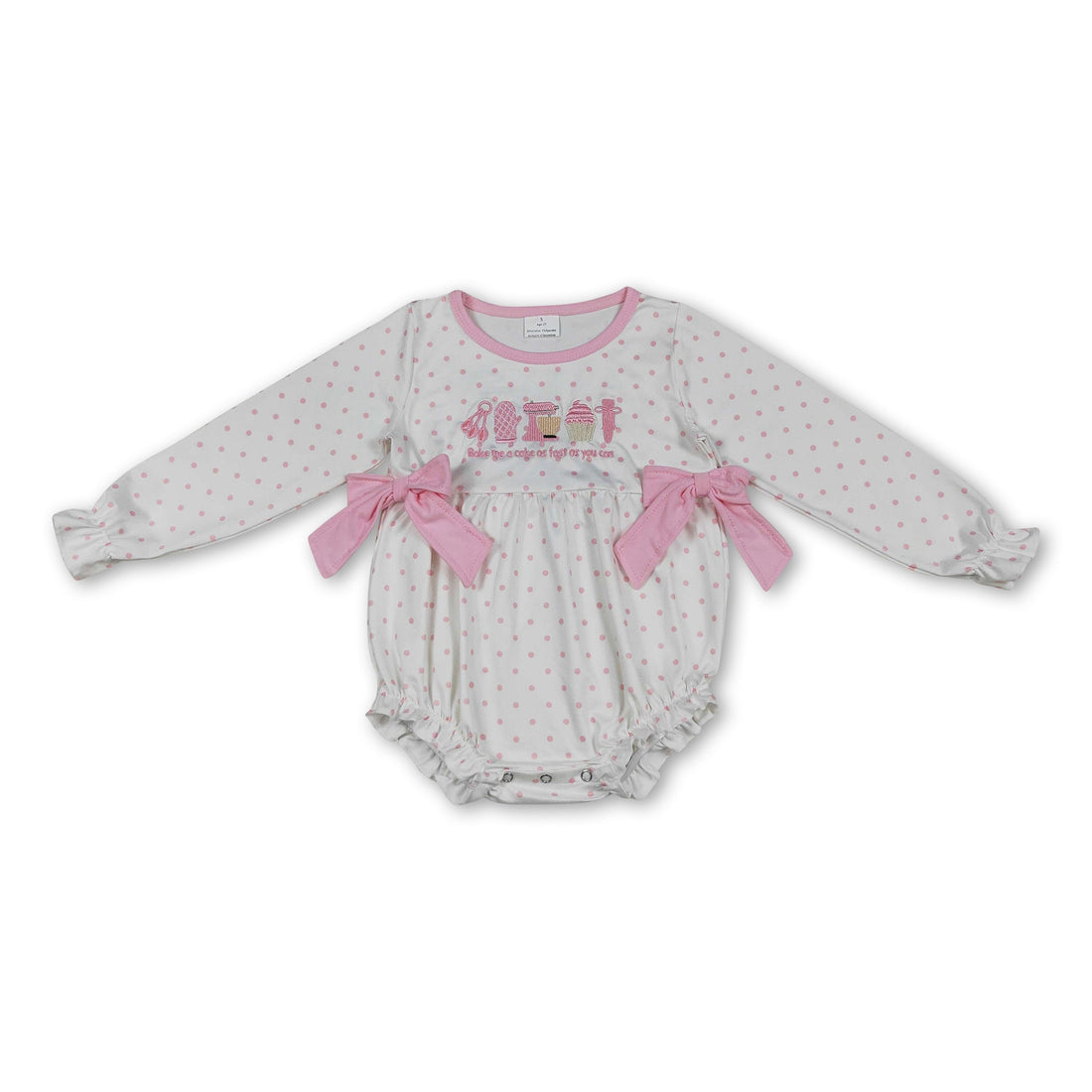 Pink long-sleeve baby girl romper with polka dots and cake design from Mini Rodeo Girl Bubbles collection.