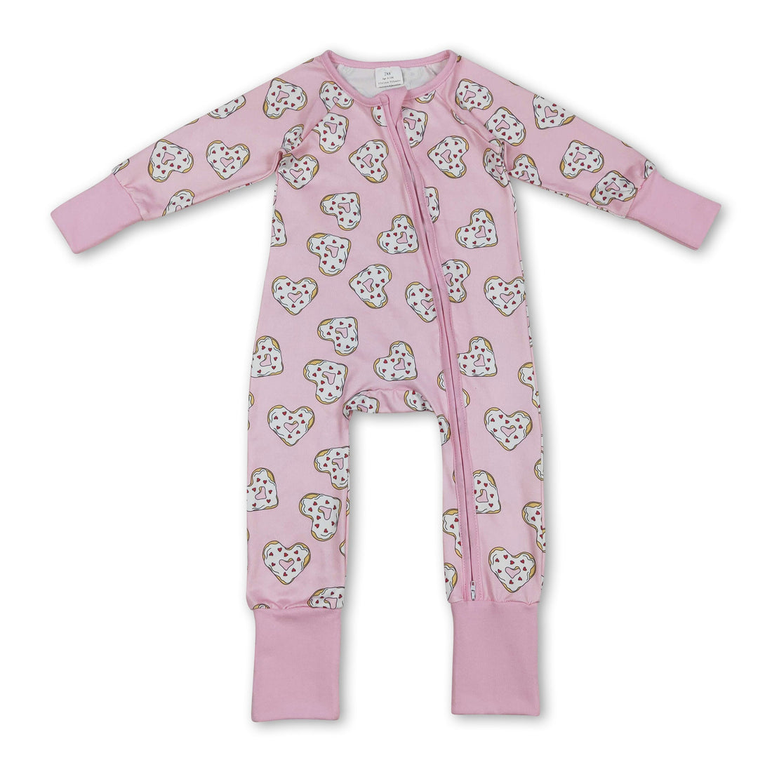 Baby girl long sleeve romper with heart donut print by Mini Rodeo, featuring a cute Valentine&