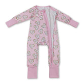 Baby girl’s long sleeve Valentine’s romper with heart donut print by Mini Rodeo, featuring a cute girl sleeper design.
