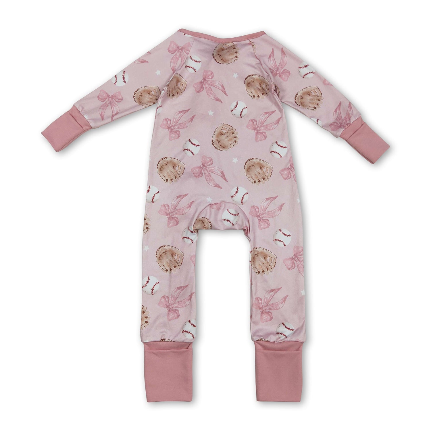 Long sleeves pink bow baseball baby girls zipper romper