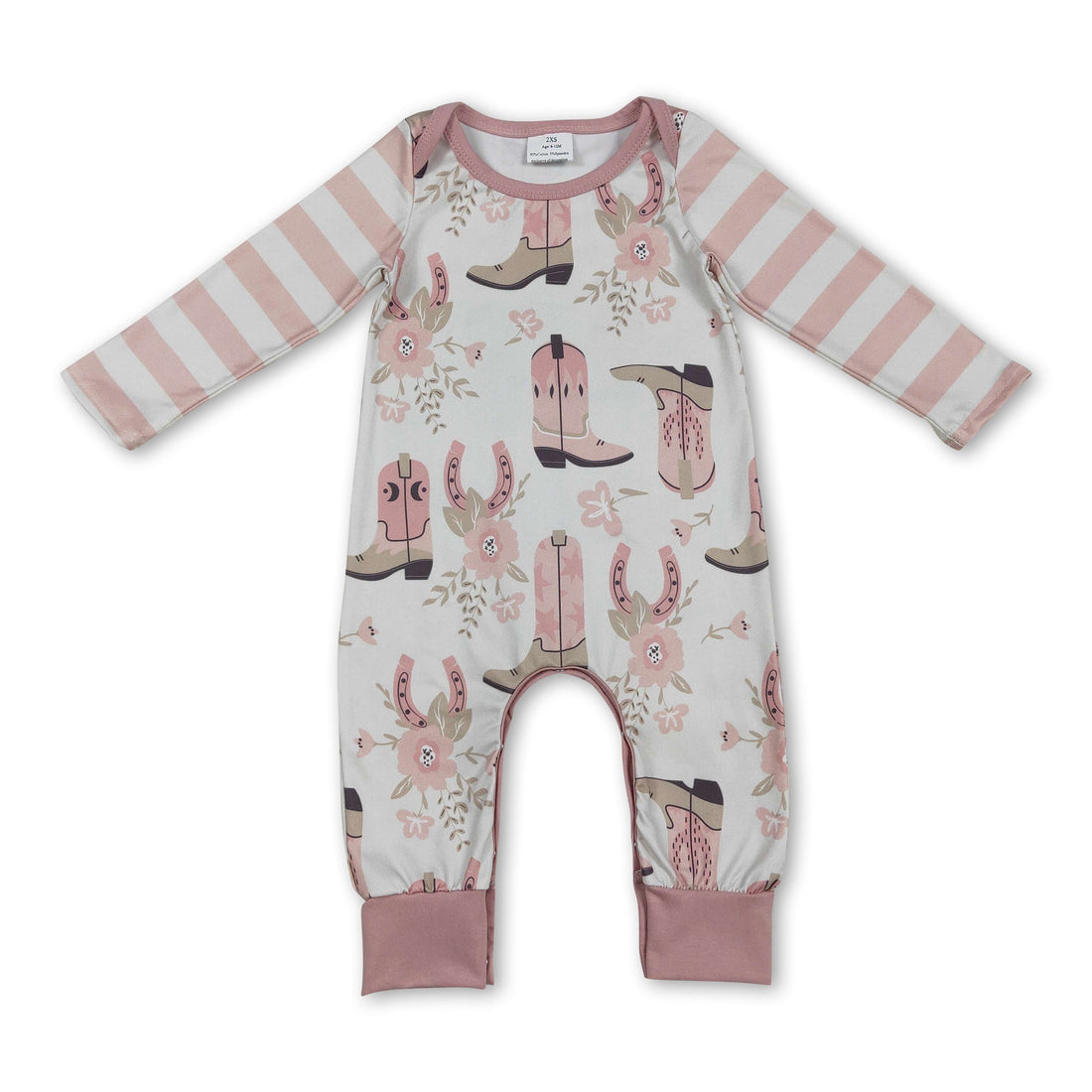 Pink stripe long sleeves boots floral baby girls romper