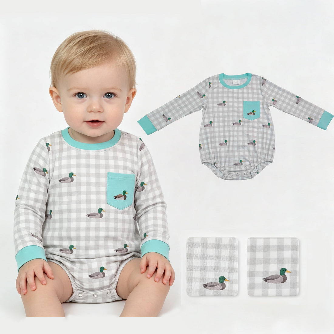 Mini Rodeo boy romper with duck embroidery, plaid pattern, and pocket detail, designed for comfortable everyday wear.