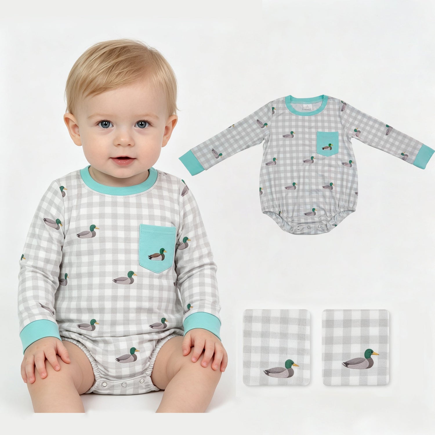 Duck embroidery plaid pocket plaid boy romper
