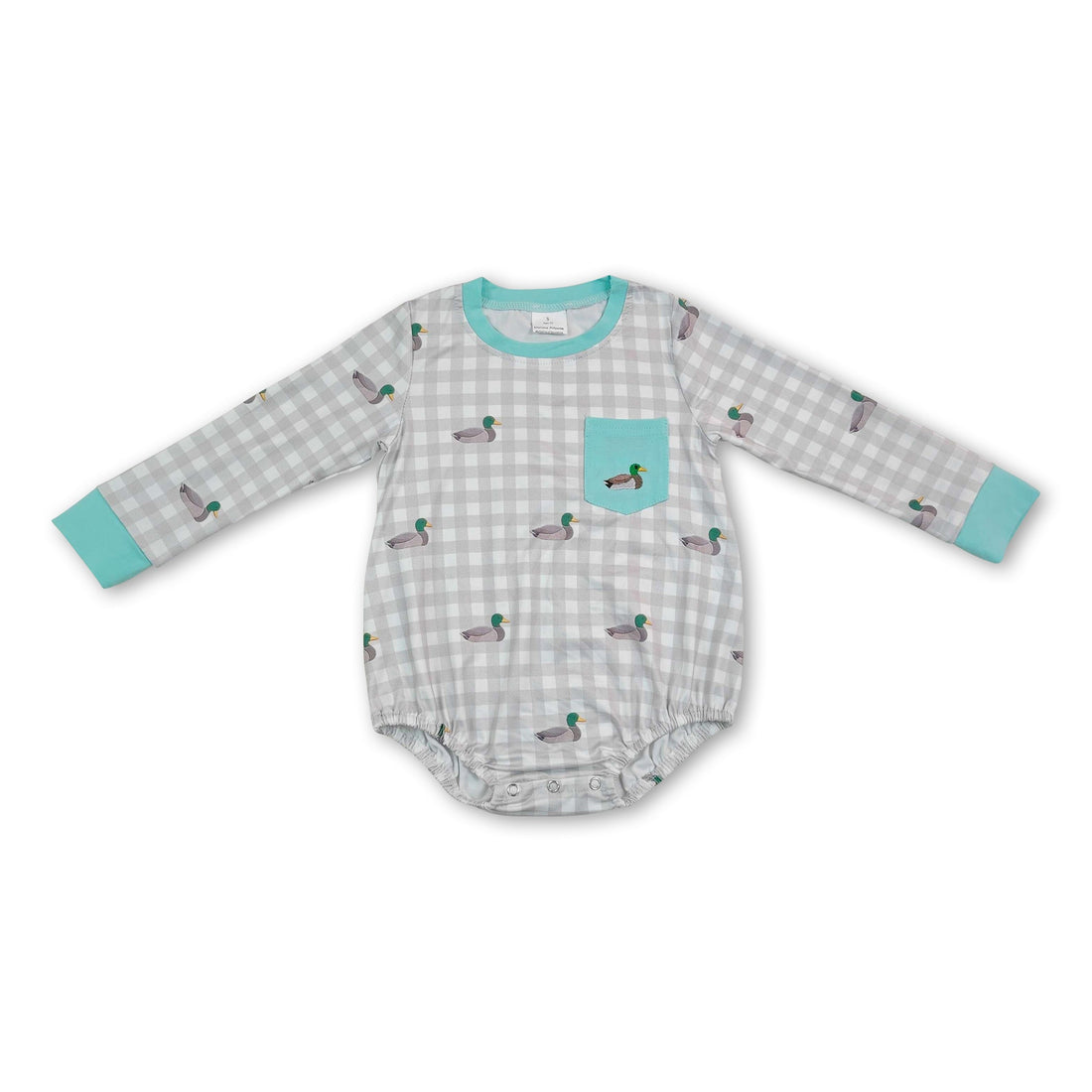 Mini Rodeo boy romper with duck embroidery, plaid pattern, and pocket detail, made from soft fabric for comfortable wear.