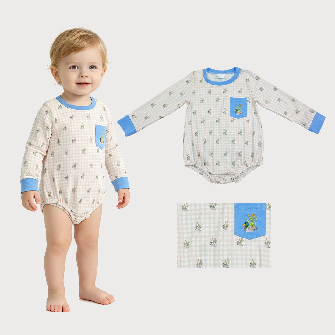 Mini Rodeo long sleeve baby boy romper with duck embroidery, plaid pattern, and front pocket, designed for comfort and style.