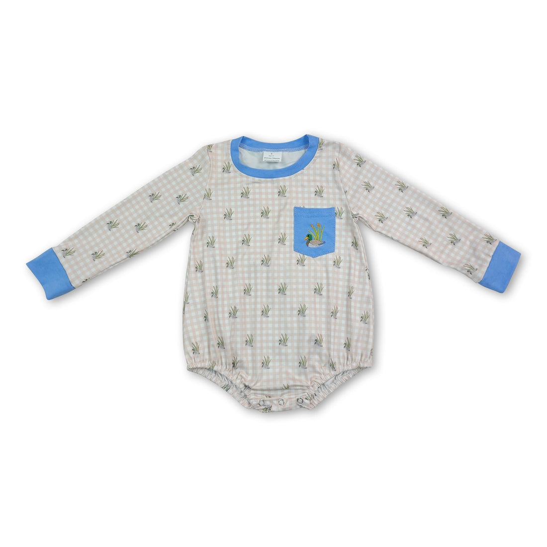 Mini Rodeo long sleeve baby boy romper with duck embroidery, plaid pattern, and pocket, designed for comfortable, stylish wear.