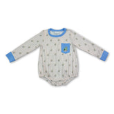 Mini Rodeo long sleeve baby boy romper with duck embroidery, plaid pattern, and pocket, designed for comfortable, stylish wear.