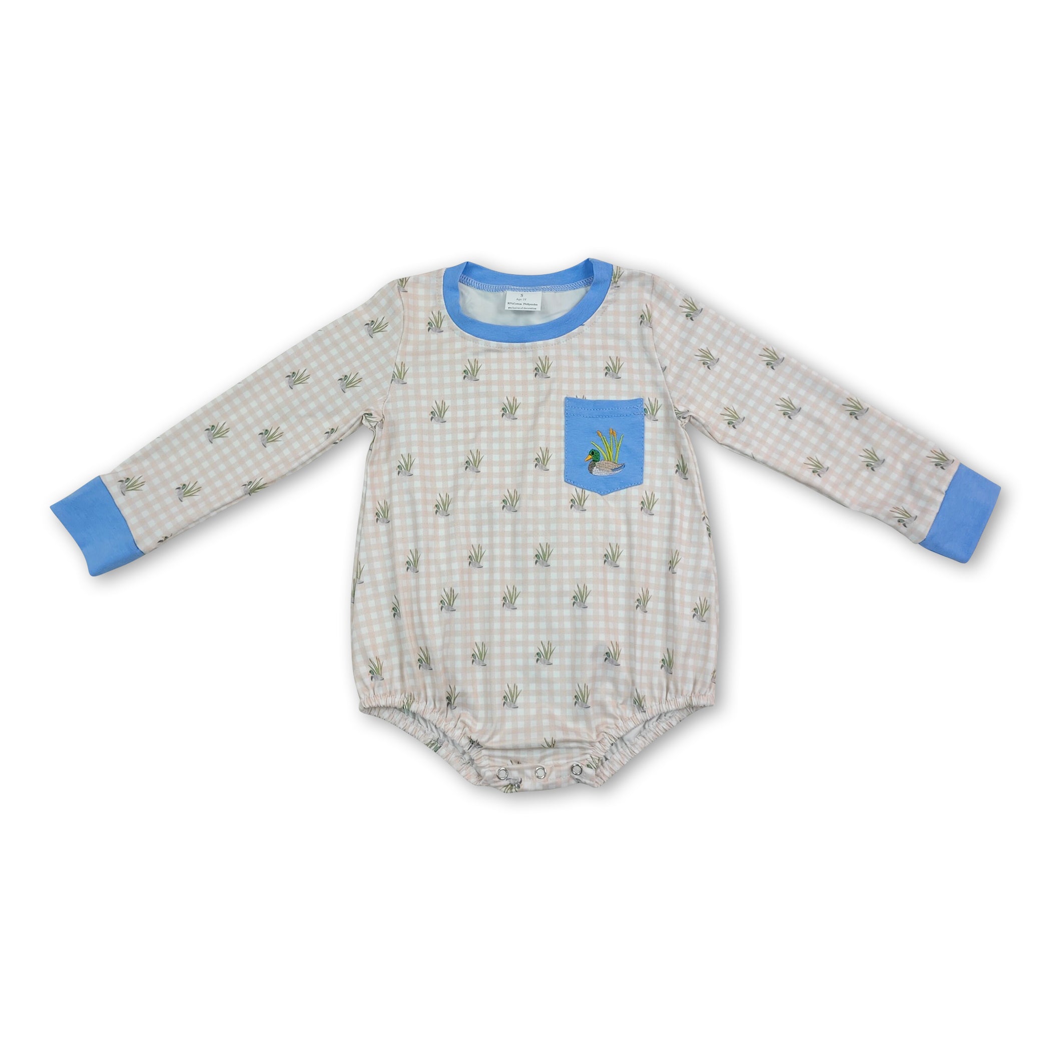 Long sleeves duck embroidery pocket plaid baby boy romper