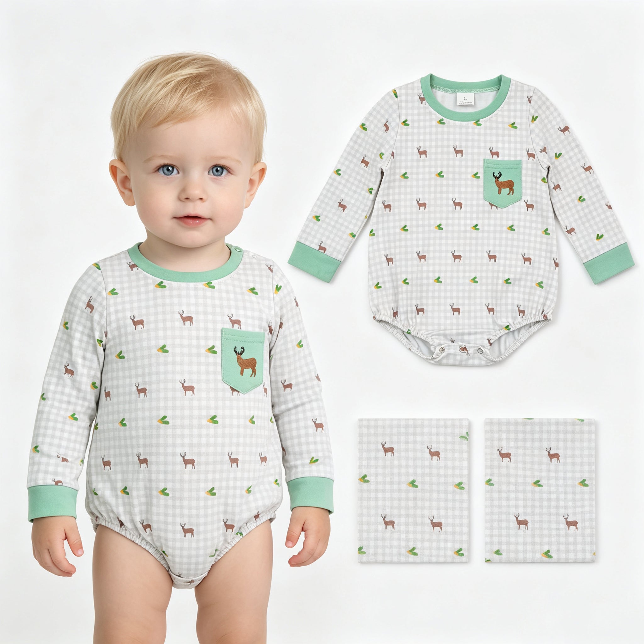 Long sleeves deer embroidery pocket plaid baby boy romper